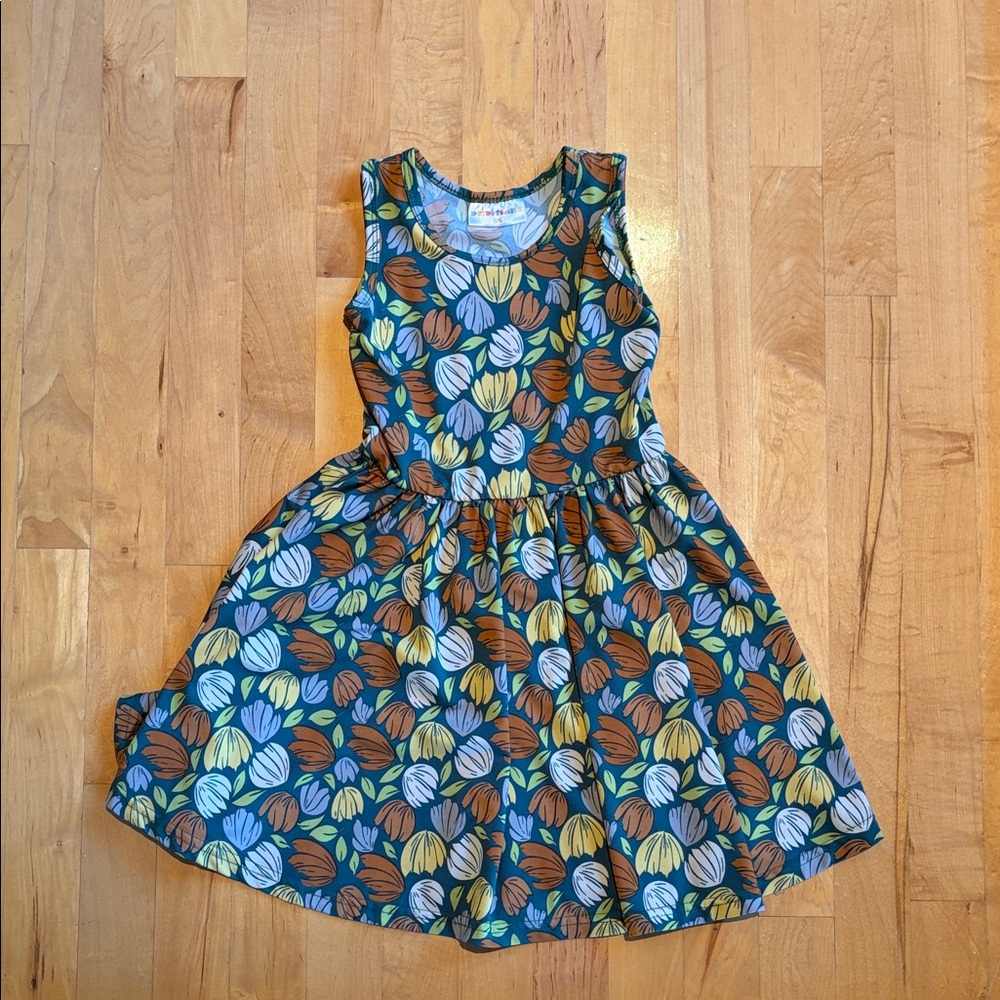 Dot Dot Smile Kids Dress with Leaf Pattern in Blue and Brown
